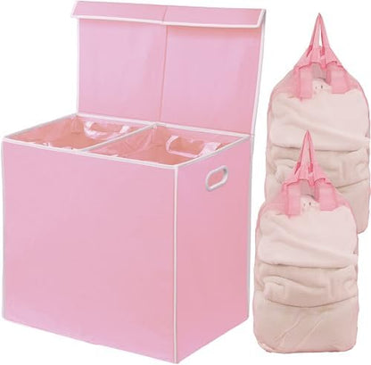 SimpleHouseware Double Laundry Hamper with Lid and Removable Laundry Bags, Beige - PuriLite