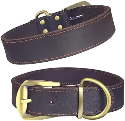 QRDA Leather Dog Collar Brown Dog Training Collar Heavy Duty Premium Leather Dog Collar Dog Collars for Medium/Large Dogs - PuriLite
