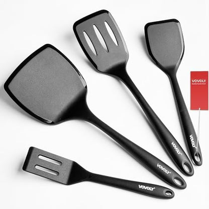 Silicone Spatula Set, 600°F Heat Resistant Silicone Spatula Turner Flipper for Cooking, Non Stick and Non Scratch Kitchen Utensils for Eggs & Pancakes, 4 Pack, Black - PuriLite