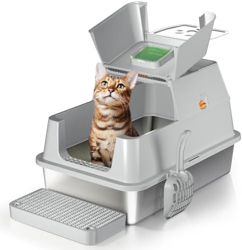 Eosarcu Stainless Steel Cat Litter Box with Lid, 180° Flip-Top XL Extra Large Enclosed Litter Box, Covered Metal High Sided Litter Pan with Steps & Scoop, Easy Cleaning, Odor Control,Non-Sticky-Black - PuriLite