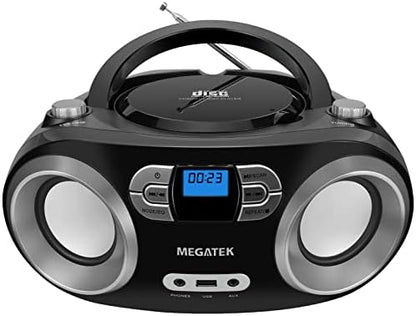MEGATEK Portable CD Player Boombox with FM Radio, Bluetooth, USB Port, AUX Input, and Headphone Jack – CD-R/CD-RW/MP3-CD Compatible, Clear Stereo Sound, Backlit LCD Display – Black - PuriLite