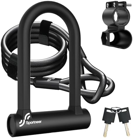 Sportneer Bike Lock: 17mm Heavy Duty Bike U Lock - High-Security Anti-Theft with 12mm x1.5m Steel Cable, 8''x5'' Compact Design, Includes Mounting Bracket for Mountain/Road/Folding/Electric Bikes - PuriLite