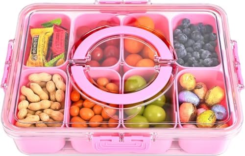 KIGITIONE Snackle Box, Pink 8 Compartments Portable Serving Tray, Divided Snackle Box Container with Lid and Handle, Snack Organizer for Fruits, Snacks, Nuts, Candy, Ideal for Party, Travel & Picnics - PuriLite
