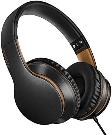 LORELEI X6 Over-Ear Headphones With Microphone, Lightweight Foldable & Portable Stereo Bass With 1.45M No-Tangle Wired for Smartphone Tablet MP3/4 (Black-Gold) - PuriLite
