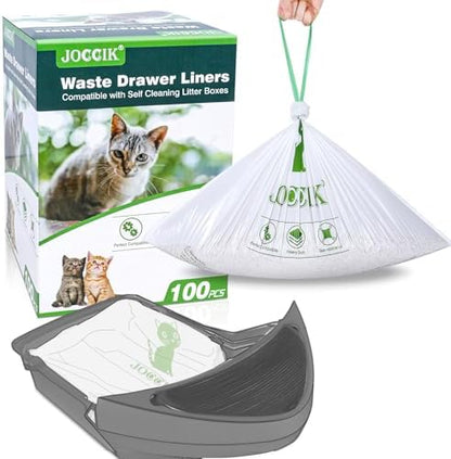 Cat Litter Box Liner Bags Compatible with Self-Cleaning Litter Box Robot 100 Pack, Waste Drawer Liners Heavy Duty White 9-11 Gallons Replacement Bags - PuriLite