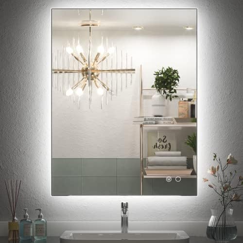 Keonjinn 40 x 32 Inch LED Bathroom Mirror with Acrylic, Backlit Mirror Anti-Fog, Lighted Bathroom Mirror for Wall, CRI90 High Definition Dimmable Large Makeup Mirror(Horizontal/Vertical) - PuriLite
