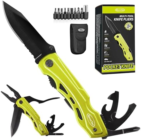 RoverTac Pocket Knife Tactical Folding Knife Multi Tool Survival Camping Knife, Multitool Knife Pliers Bottle & Can Opener 9-Pack Screwdrivers Liner Lock Nylon Sheath, Pocket Knife for Camping Hiking - PuriLite