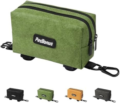 PetBonus Waterproof Dog Poop Bag Holder for leashes, Portable Pet Waste Bag Dispenser, 2 Pouches for Treat Holder and Walking Accessories, Fit All Leashes, Includes 1 Roll of Dog Poop Bags (Green) - PuriLite