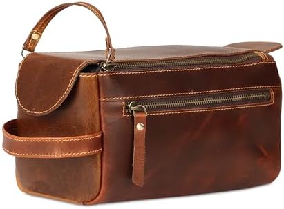 Premium Buffalo Leather Unisex Toiletry Bag Travel Dopp Kit Shaving kit (Distressed Tan) - PuriLite