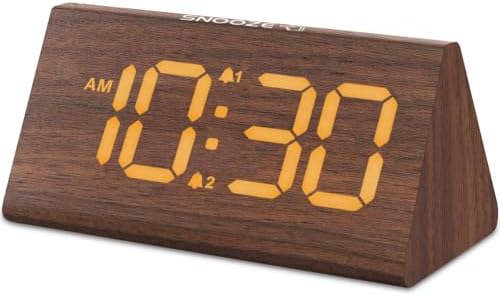 Odokee Wooden Digital Alarm Clock for Bedroom: Electric Desk Clock with Large LED Display - Brown - PuriLite