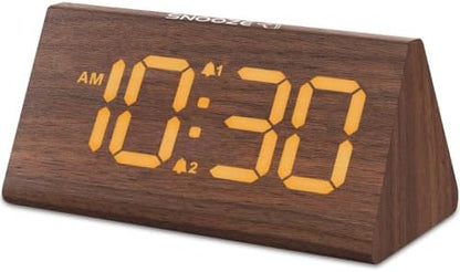 Odokee Wooden Digital Alarm Clock for Bedroom: Electric Desk Clock with Large LED Display - Brown - PuriLite