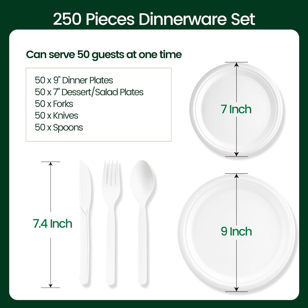 250 PCS Disposable Paper Plates with Cutlery Set 100% Compostable and Heavy Duty Paper Plates Set Include 7&9 Inch Plate, Forks, Knives and Spoons Dinnerware Set for 50 Guests - PuriLite