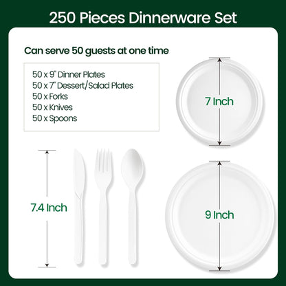 250 PCS Disposable Paper Plates with Cutlery Set 100% Compostable and Heavy Duty Paper Plates Set Include 7&9 Inch Plate, Forks, Knives and Spoons Dinnerware Set for 50 Guests - PuriLite