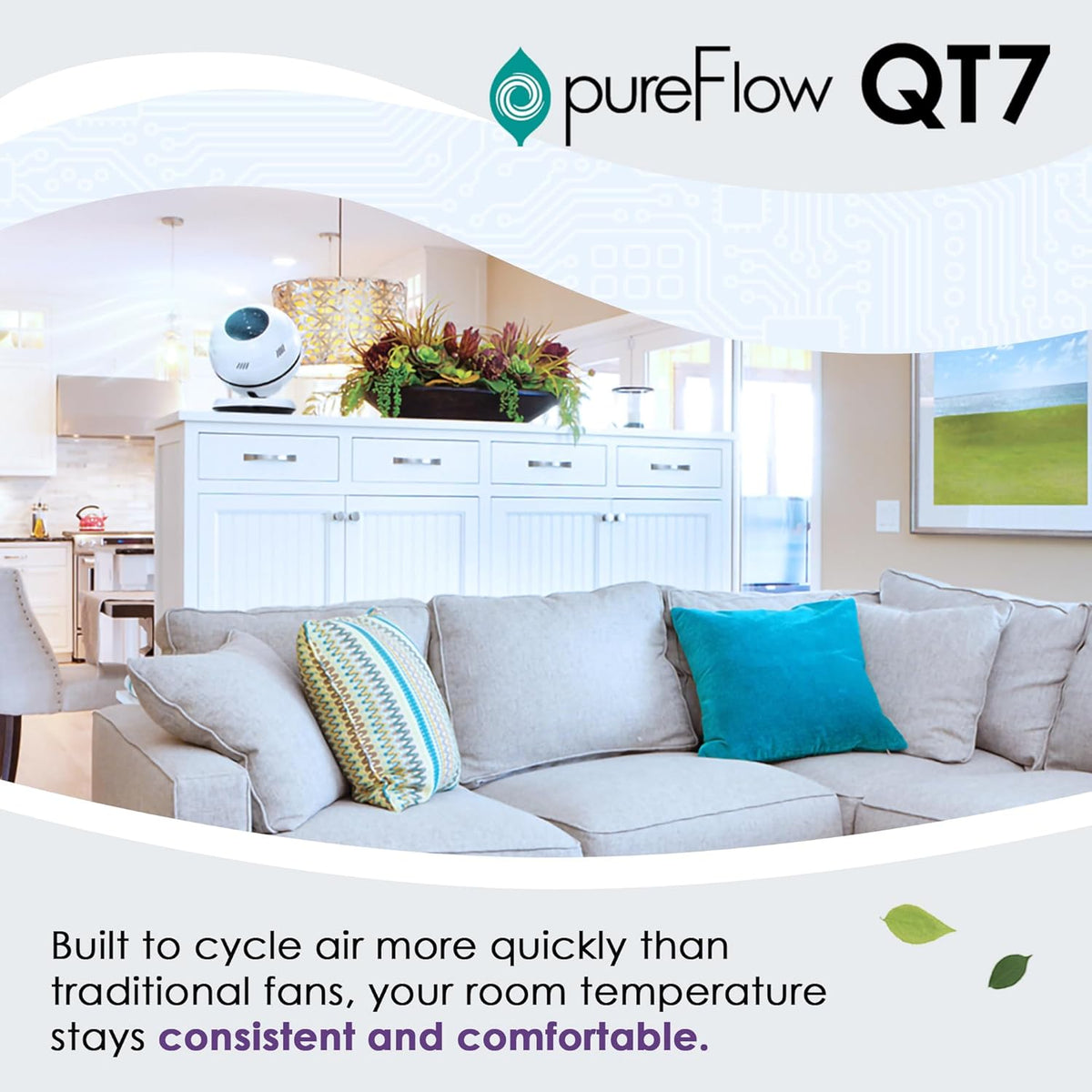 GreenTech Environmental pureFlow QT7 Bladeless Fan - Bedroom, Home, and Office Desk Fan - Adjustable Oscillating Fan with Remote - Powerful Airflow - PuriLite
