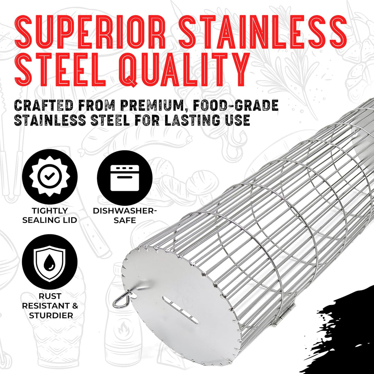 Rolling Grill Basket with Side-Opening Design – Extra Sturdy Stainless Steel Cylinder BBQ Grill Basket for Fish & Vegetables - PuriLite