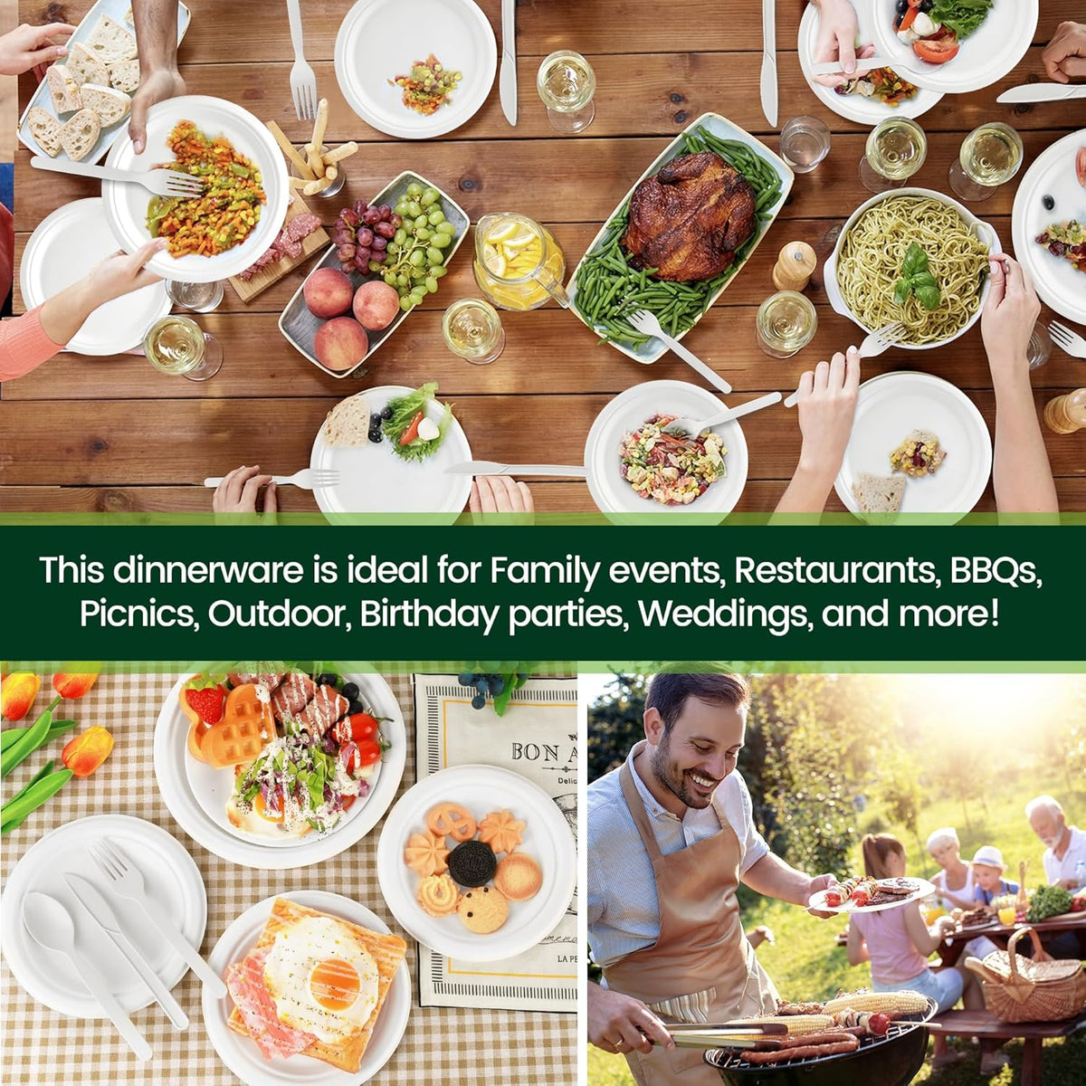 250 PCS Disposable Paper Plates with Cutlery Set 100% Compostable and Heavy Duty Paper Plates Set Include 7&9 Inch Plate, Forks, Knives and Spoons Dinnerware Set for 50 Guests - PuriLite