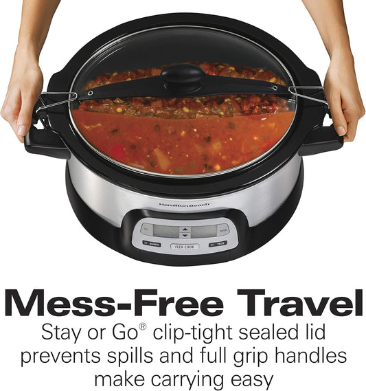 Hamilton Beach Stay or Go Portable 6-Quart Programmable Slow Cooker With FlexCook Dual Digital Timer for 2 Heat Settings, Lid Lock (33861) - PuriLite