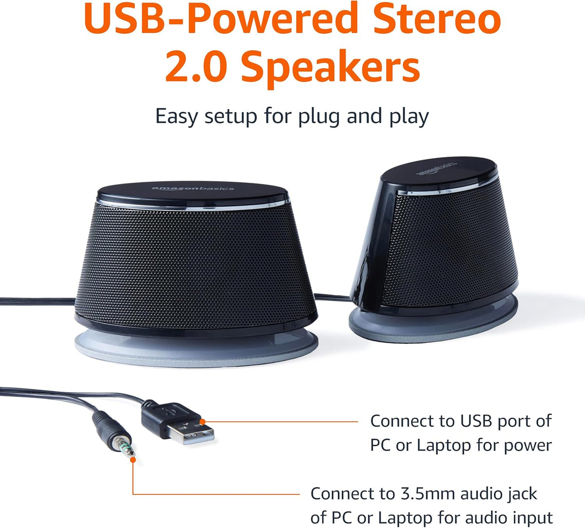 Amazon Basics Stereo 2.0 Speakers for PC or Laptop, 3.5mm Aux input, USB-Powered, 1 Pair, Black - PuriLite