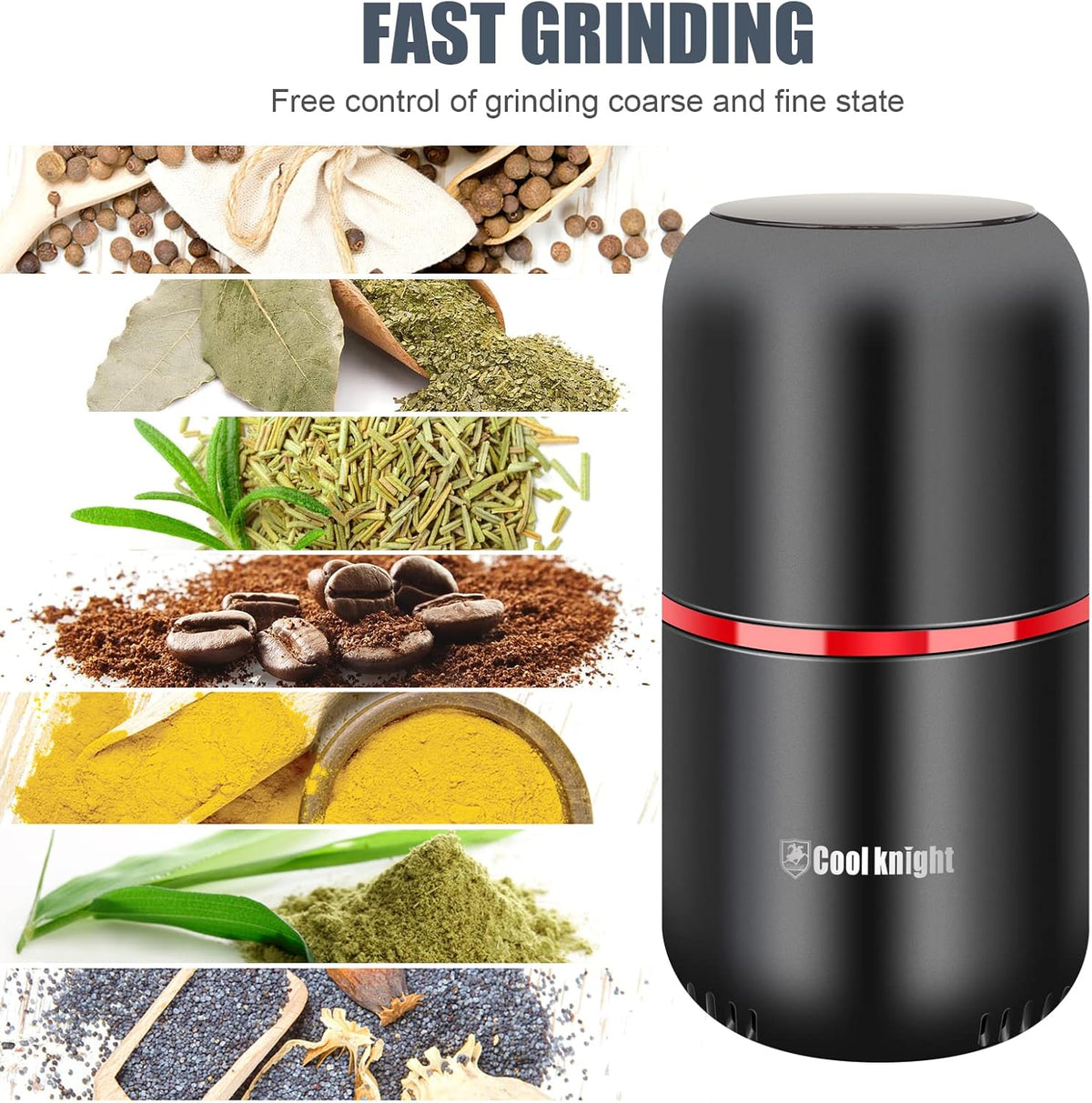COOL KNIGHT Herb Grinder [large capacity/fast/Electric ]-Spice Herb Coffee Grinder with Pollen Catcher/- 7.5" (Black) - PuriLite