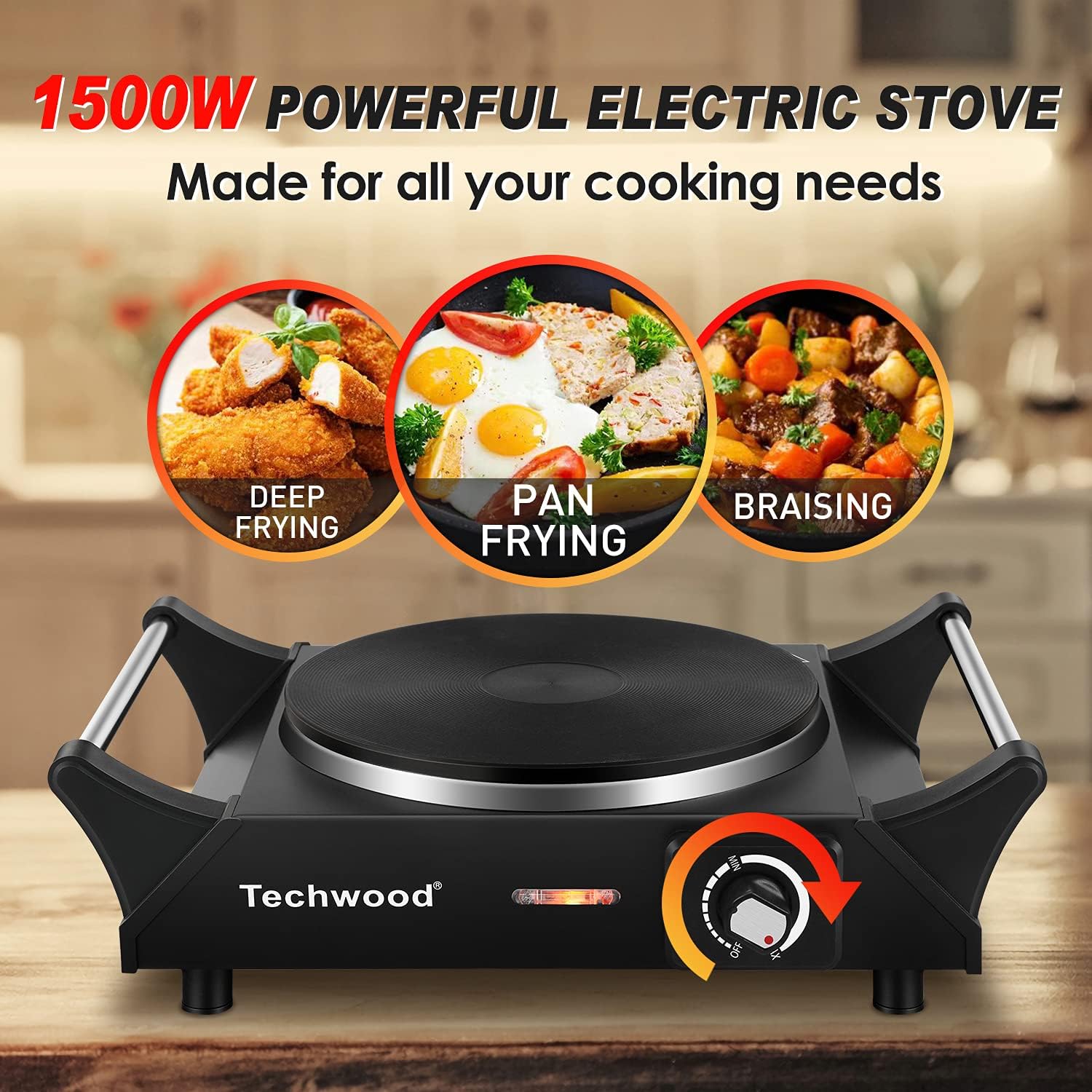 Techwood Hot Plate Electric Single Burner Portable Burner, 1500W with Adjustable Temperature, Stay Cool Handles, Non-Slip Rubber Feet, Black Stainless Steel Easy to Clean, Upgraded Version - PuriLite