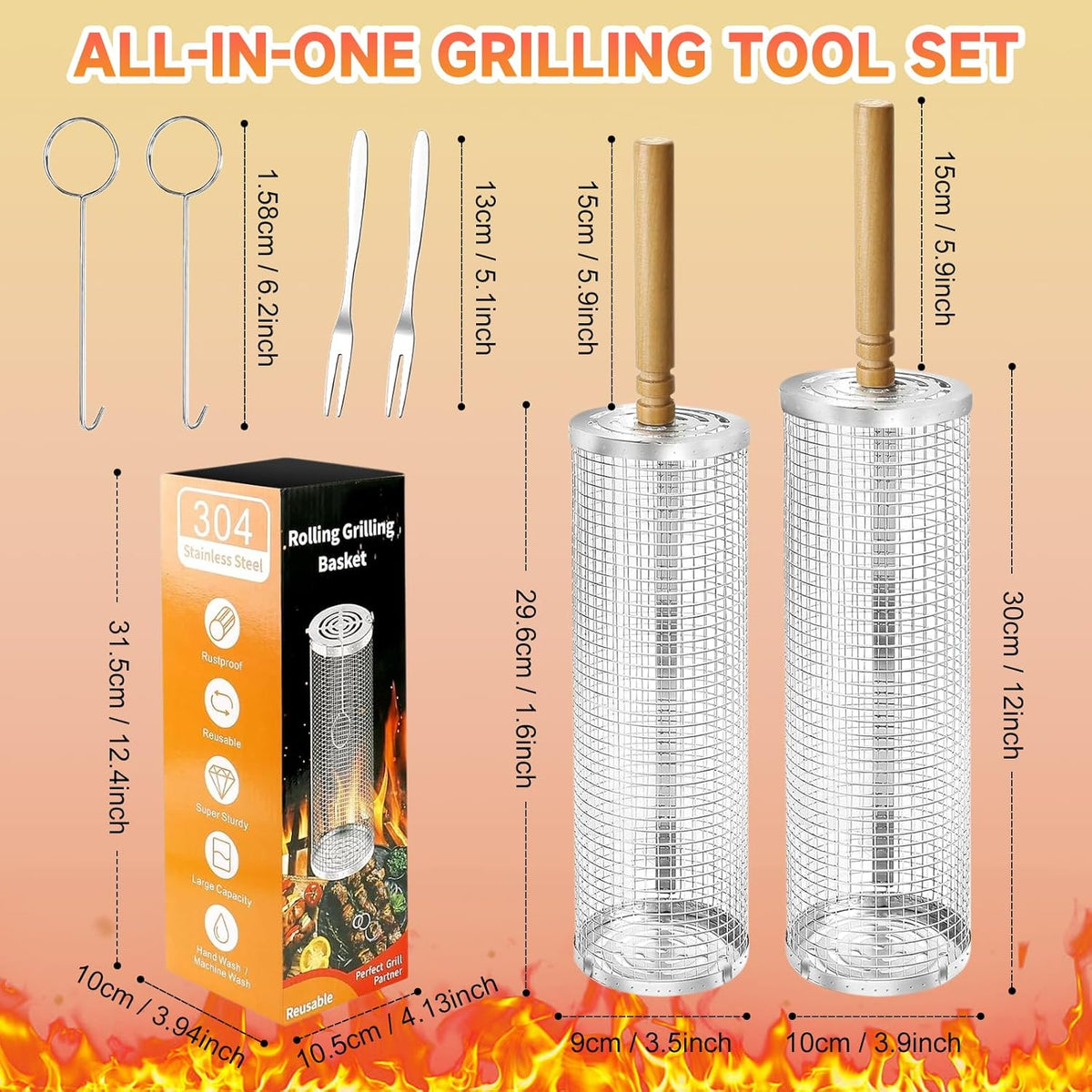 2Pcs Rolling Grill Baskets with Removable Wooden Handles – 304 Stainless Steel Nesting BBQ Grill Basket Set - PuriLite