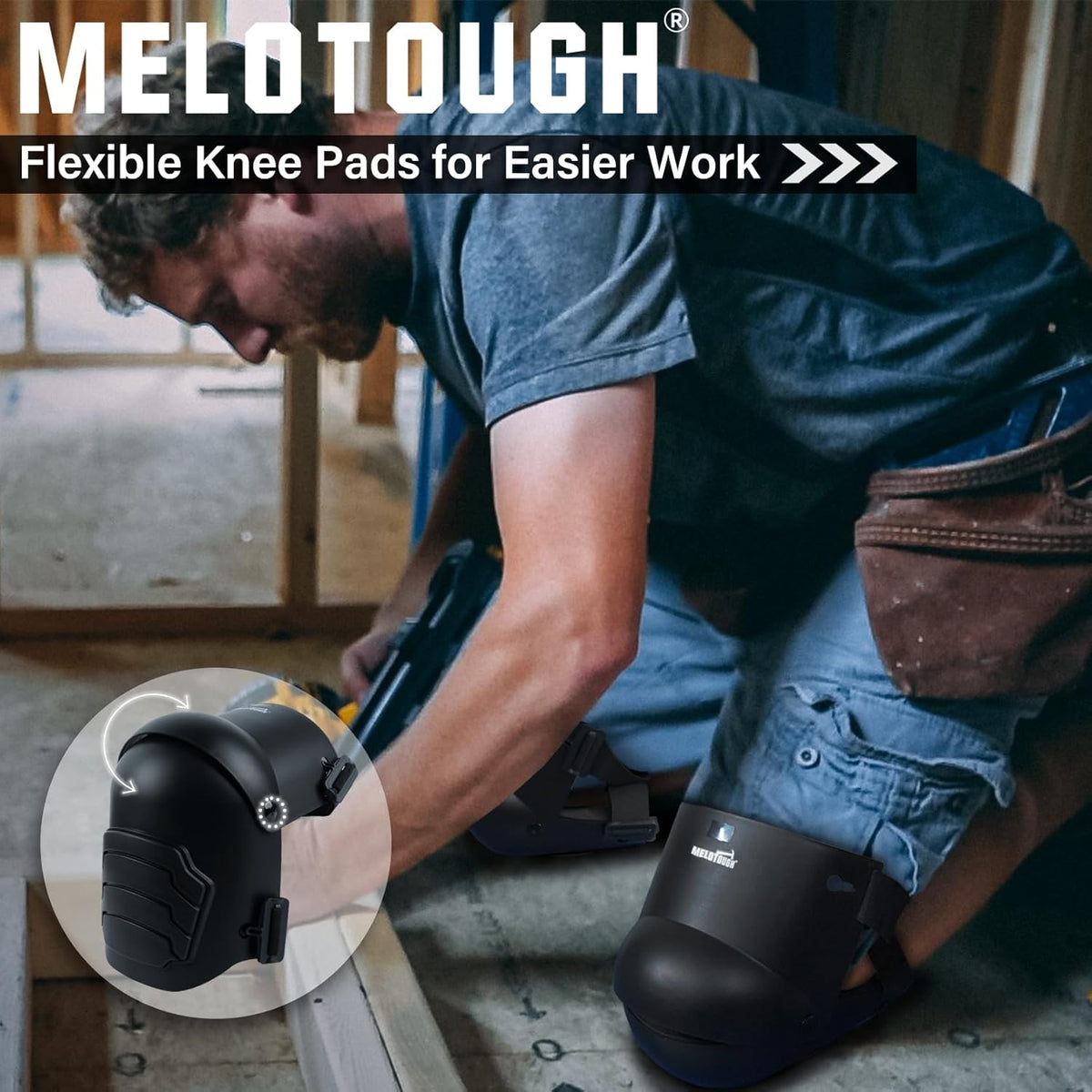 MELOTOUGH Knee Pads for Work,Construction,Flooring,Gardening-Comfortable and Flexible(BLACK) - PuriLite