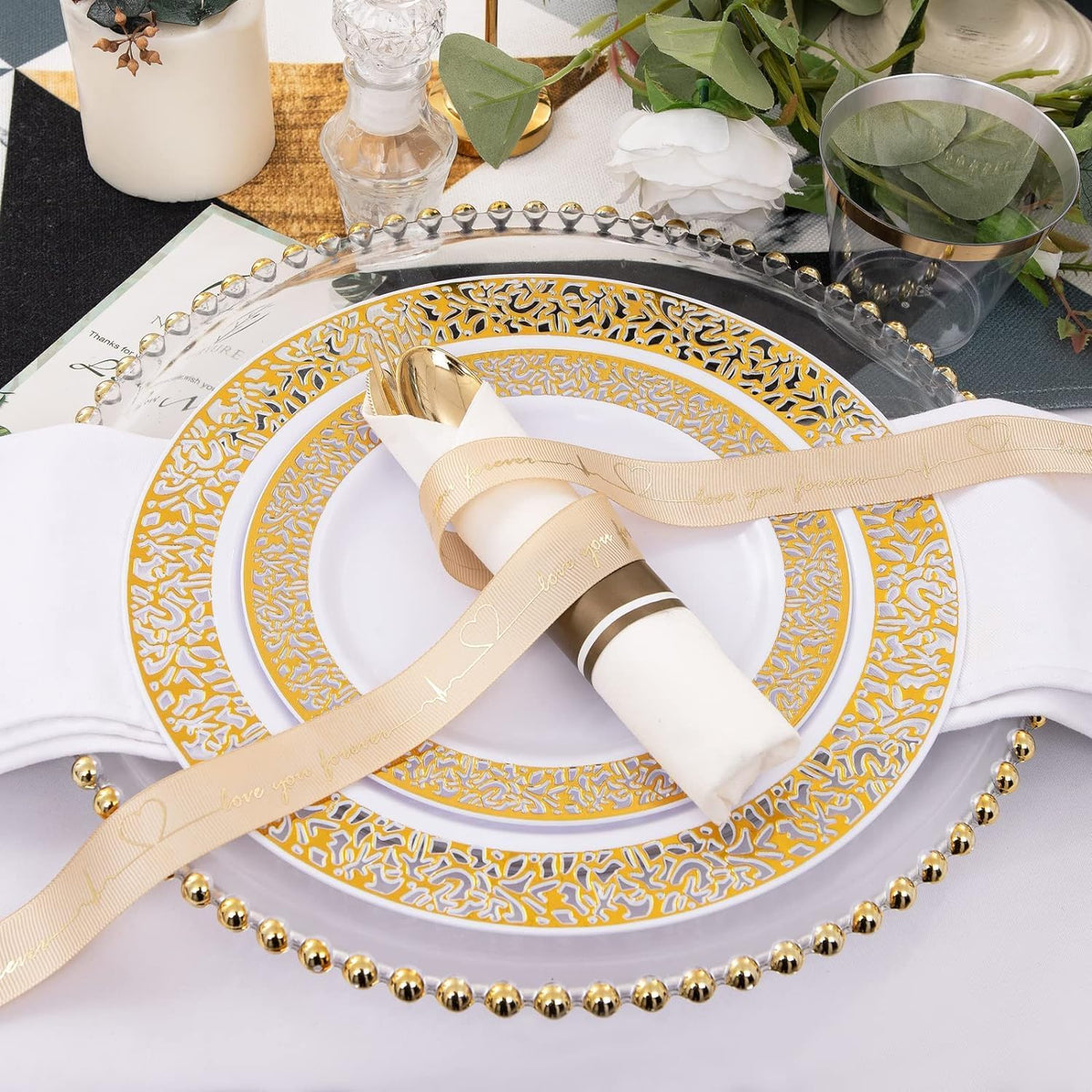 I00000 350 Pieces Gold Plastic Dinnerware - Disposable Gold Lace Plates, Include:50 Dinner Plates,50 Dessert Plates, 50 Pre Rolled Napkins with Silverware and 50 Cups for Weddings - PuriLite