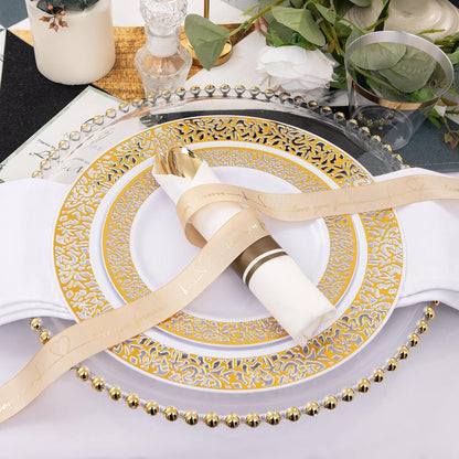 I00000 350 Pieces Gold Plastic Dinnerware - Disposable Gold Lace Plates, Include:50 Dinner Plates,50 Dessert Plates, 50 Pre Rolled Napkins with Silverware and 50 Cups for Weddings - PuriLite