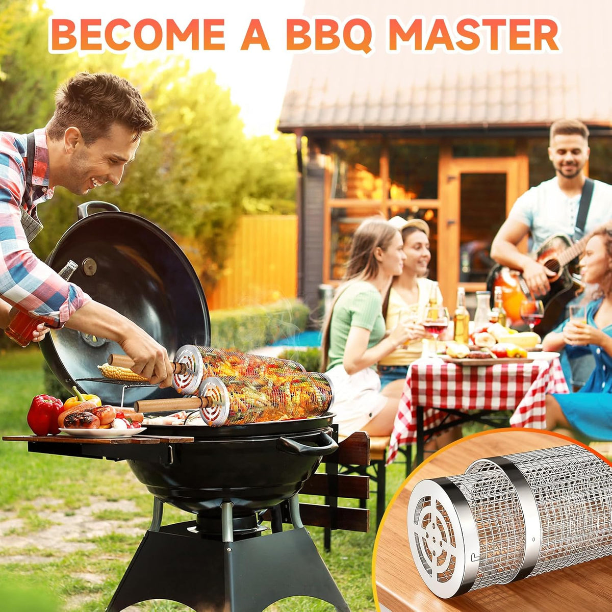 2Pcs Rolling Grill Baskets with Removable Wooden Handles – 304 Stainless Steel Nesting BBQ Grill Basket Set - PuriLite