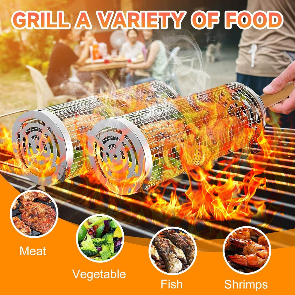 2Pcs Rolling Grill Baskets with Removable Wooden Handles – 304 Stainless Steel Nesting BBQ Grill Basket Set - PuriLite