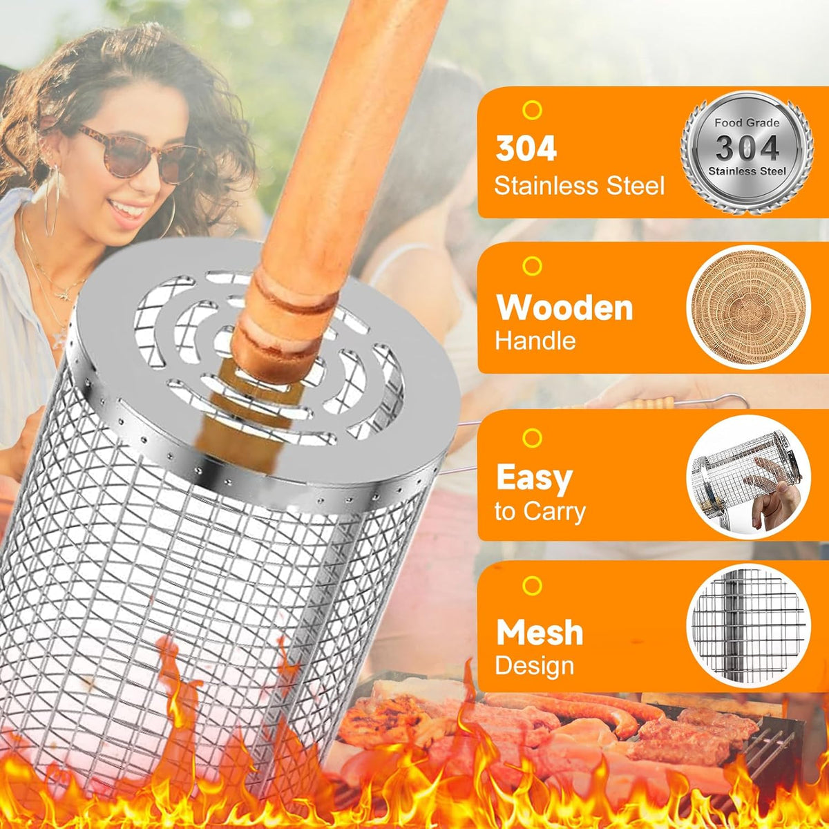 2Pcs Rolling Grill Baskets with Removable Wooden Handles – 304 Stainless Steel Nesting BBQ Grill Basket Set - PuriLite