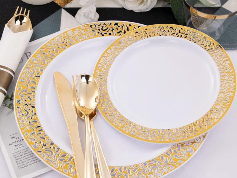I00000 350 Pieces Gold Plastic Dinnerware - Disposable Gold Lace Plates, Include:50 Dinner Plates,50 Dessert Plates, 50 Pre Rolled Napkins with Silverware and 50 Cups for Weddings - PuriLite