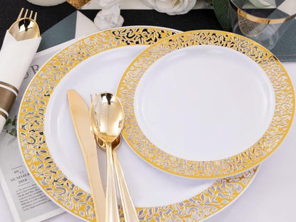 I00000 350 Pieces Gold Plastic Dinnerware - Disposable Gold Lace Plates, Include:50 Dinner Plates,50 Dessert Plates, 50 Pre Rolled Napkins with Silverware and 50 Cups for Weddings - PuriLite