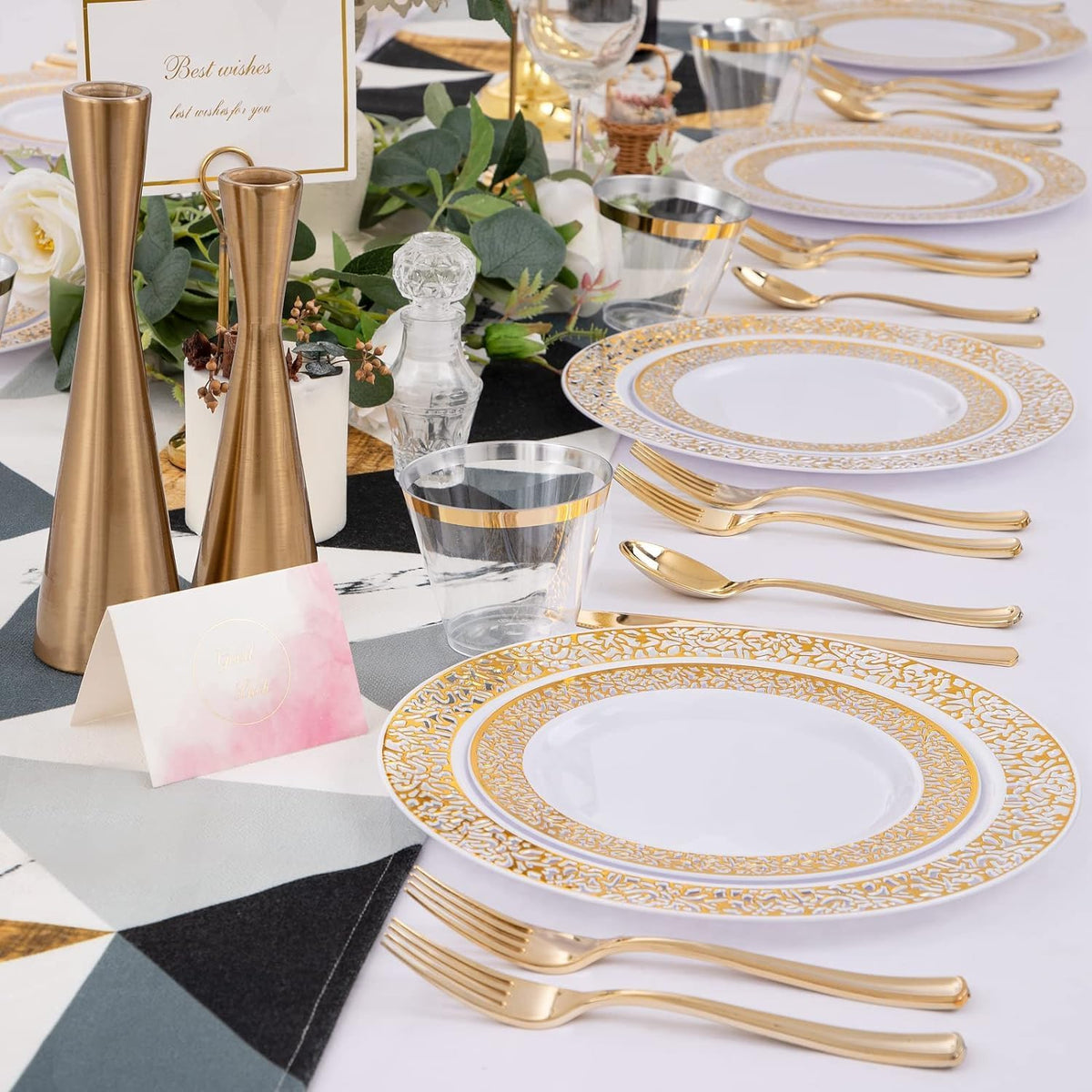 I00000 350 Pieces Gold Plastic Dinnerware - Disposable Gold Lace Plates, Include:50 Dinner Plates,50 Dessert Plates, 50 Pre Rolled Napkins with Silverware and 50 Cups for Weddings - PuriLite