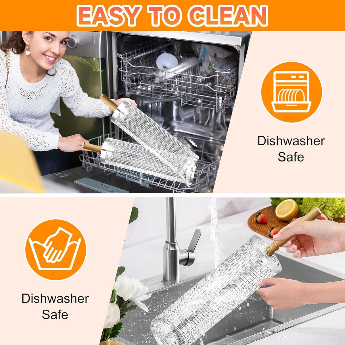 2Pcs Rolling Grill Baskets with Removable Wooden Handles – 304 Stainless Steel Nesting BBQ Grill Basket Set - PuriLite