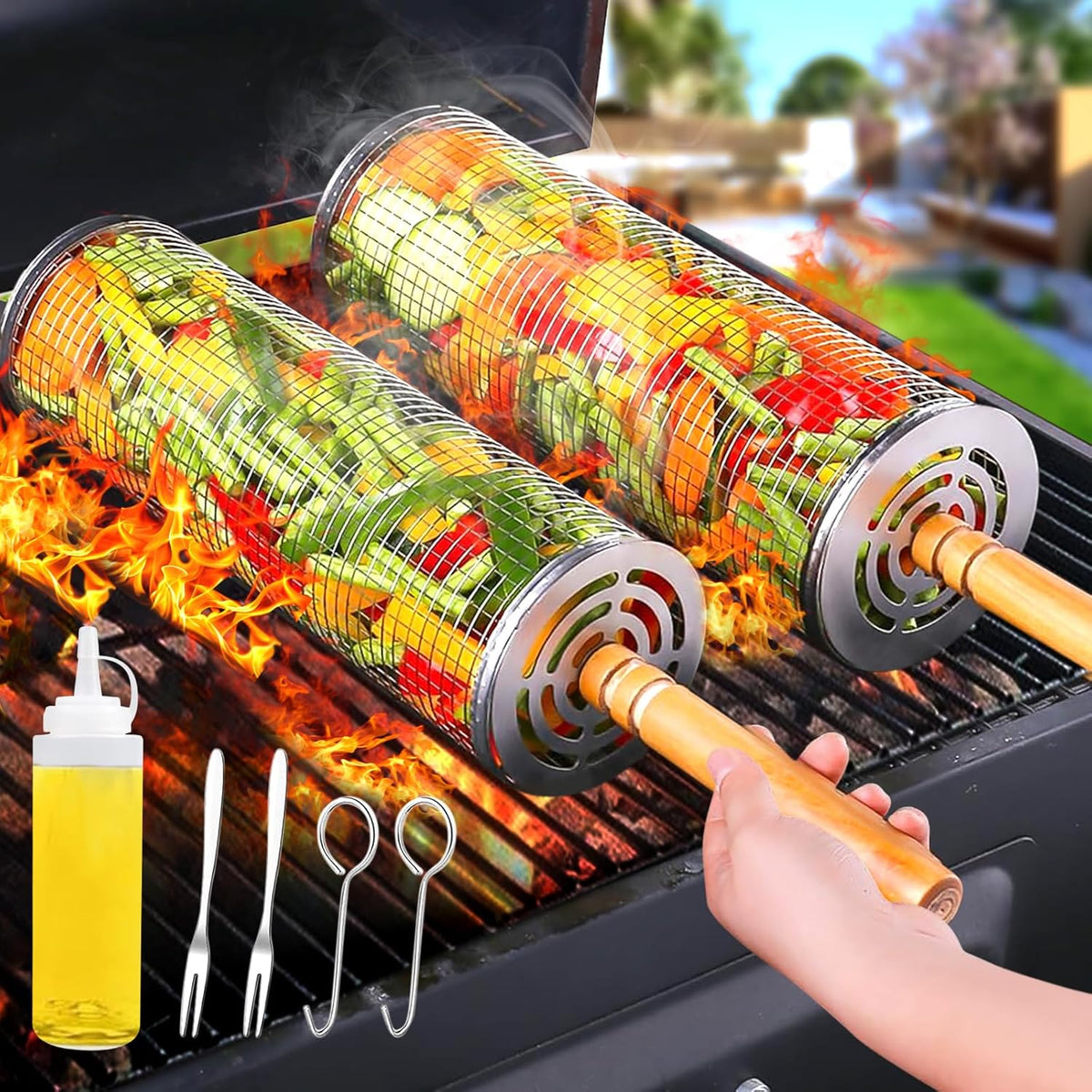 2Pcs Rolling Grill Baskets with Removable Wooden Handles – 304 Stainless Steel Nesting BBQ Grill Basket Set - PuriLite