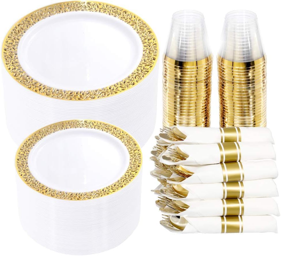 I00000 350 Pieces Gold Plastic Dinnerware - Disposable Gold Lace Plates, Include:50 Dinner Plates,50 Dessert Plates, 50 Pre Rolled Napkins with Silverware and 50 Cups for Weddings - PuriLite