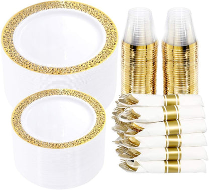 I00000 350 Pieces Gold Plastic Dinnerware - Disposable Gold Lace Plates, Include:50 Dinner Plates,50 Dessert Plates, 50 Pre Rolled Napkins with Silverware and 50 Cups for Weddings - PuriLite