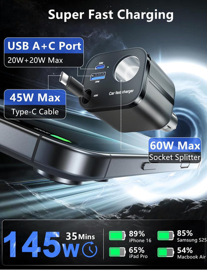 145W 4-in-1 Retractable Car Charger Adapter with USB-C & USB-A Ports, Fast Charging Cigarette Lighter Socket, Compact 12V/24V Car Phone Charger for iPhone and Android Devices - PuriLite
