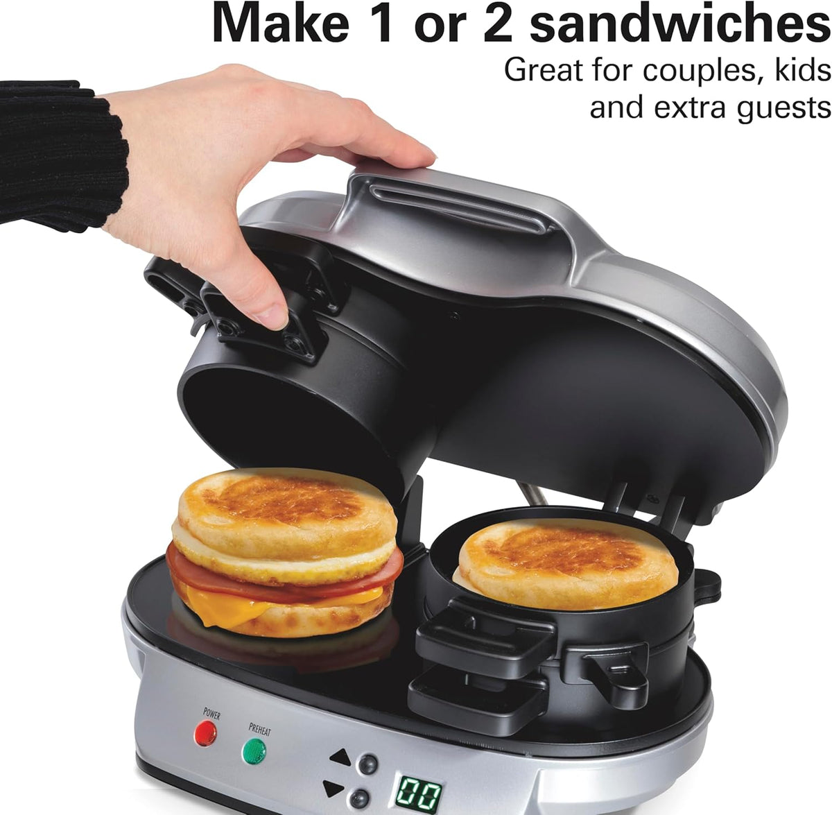 Hamilton Beach Dual Breakfast Sandwich Maker withAudible Digital Timer, Silver , 25490C - PuriLite