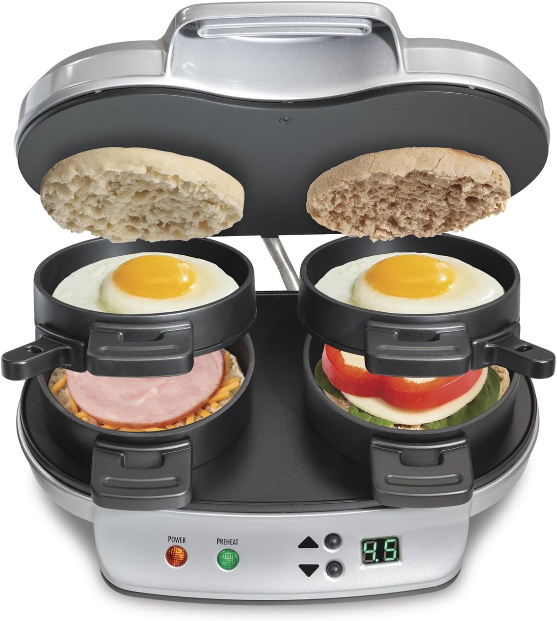 Hamilton Beach Dual Breakfast Sandwich Maker withAudible Digital Timer, Silver , 25490C - PuriLite