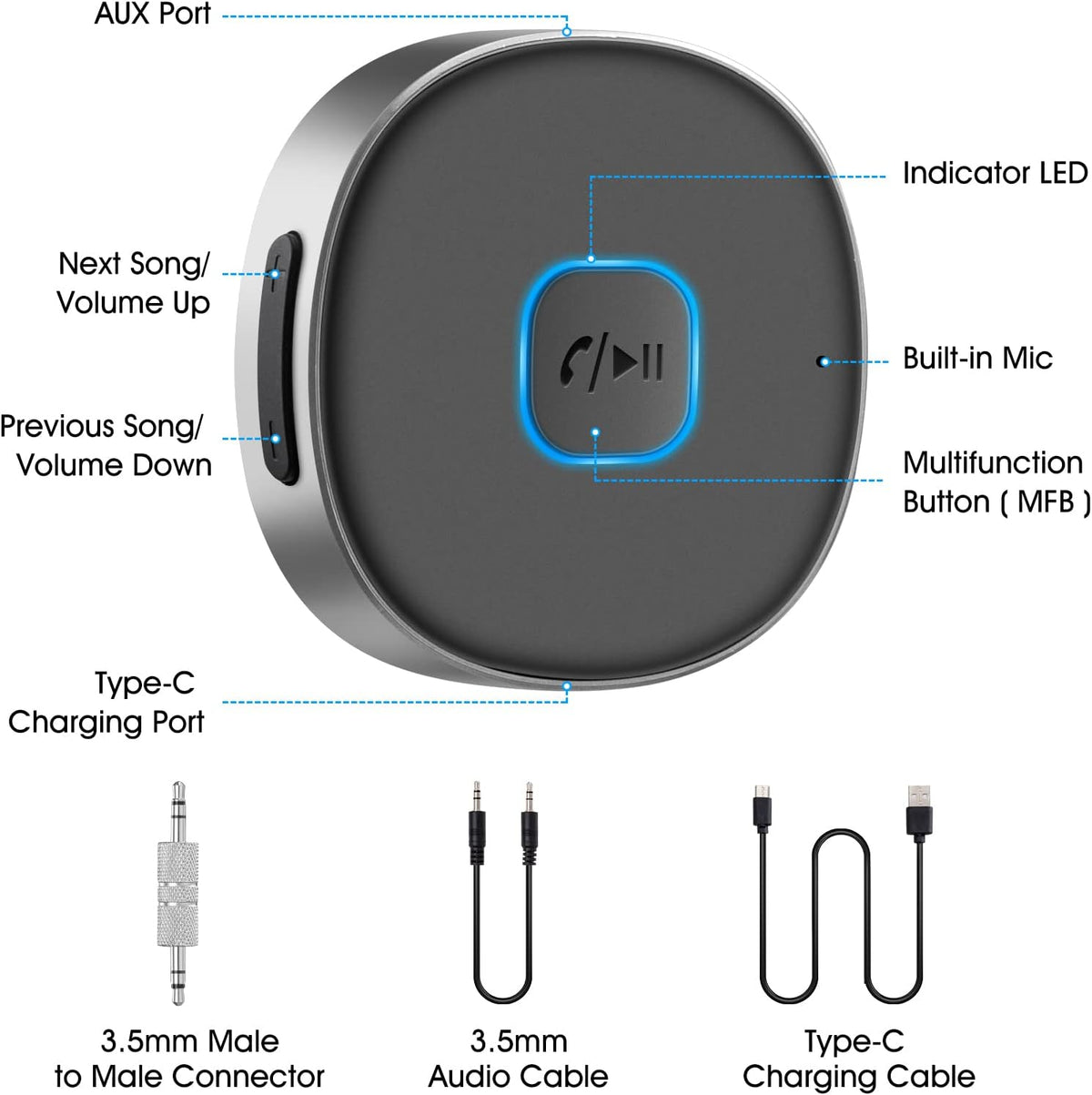 Bluetooth 5.0 Aux Receiver for Car and Home Stereo, Portable 3.5mm Wireless Audio Adapter with Hands-Free Calling, Noise Cancellation, 16H Battery Life - PuriLite