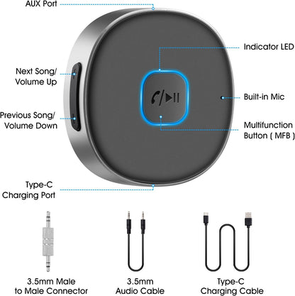 Bluetooth 5.0 Aux Receiver for Car and Home Stereo, Portable 3.5mm Wireless Audio Adapter with Hands-Free Calling, Noise Cancellation, 16H Battery Life - PuriLite
