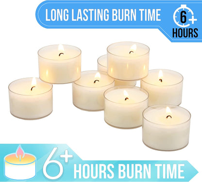 Stonebriar 48 Count White Unscented Smokeless Long Burning Clear Cup Tea Light Candles with 6 to 7 Hour Burn Time - PuriLite