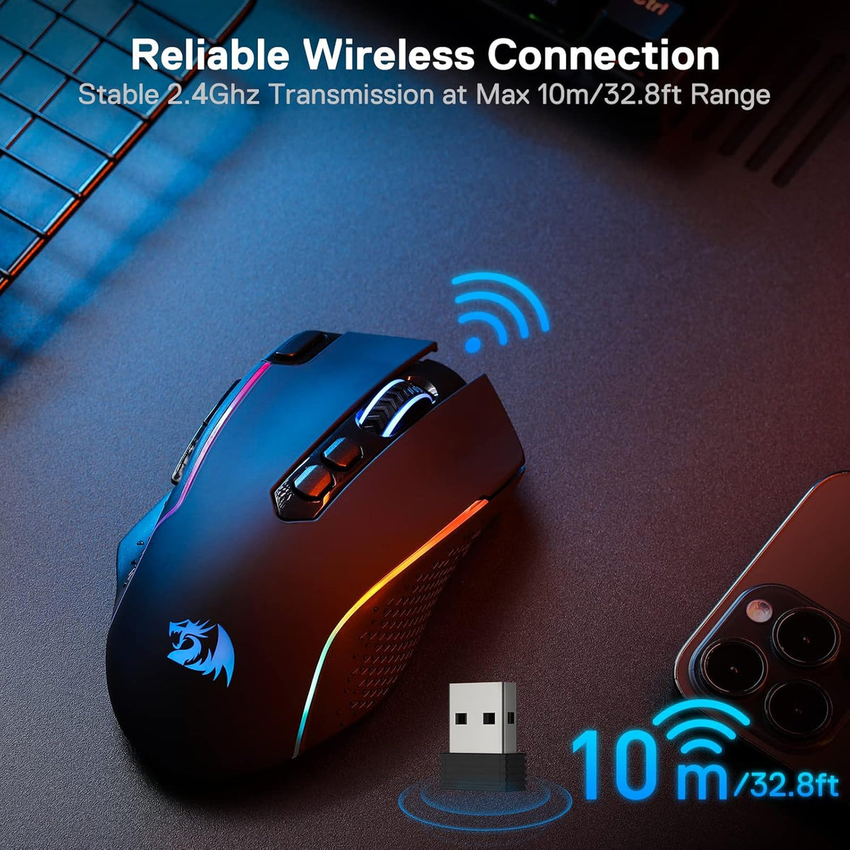Redragon M810 Pro Wireless Gaming Mouse, 10000 DPI Wired/Wireless Mouse w/Rapid Fire Key, 8 Macro Buttons, 45-Hour Durable Power Capacity and RGB Backlit for PC/Mac/Laptop - PuriLite