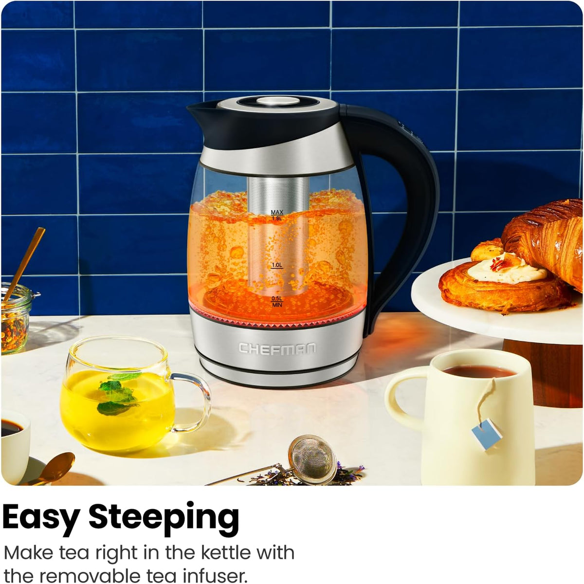 Chefman Electric Kettle w/ Temperature Control, 5 Presets, Colored LED Indicator Lights, 360° Swivel Base, BPA Free, Removable Tea Infuser Included, 1100 Watts & 120 Volts, Stainless Steel, 1.8 Liters - PuriLite