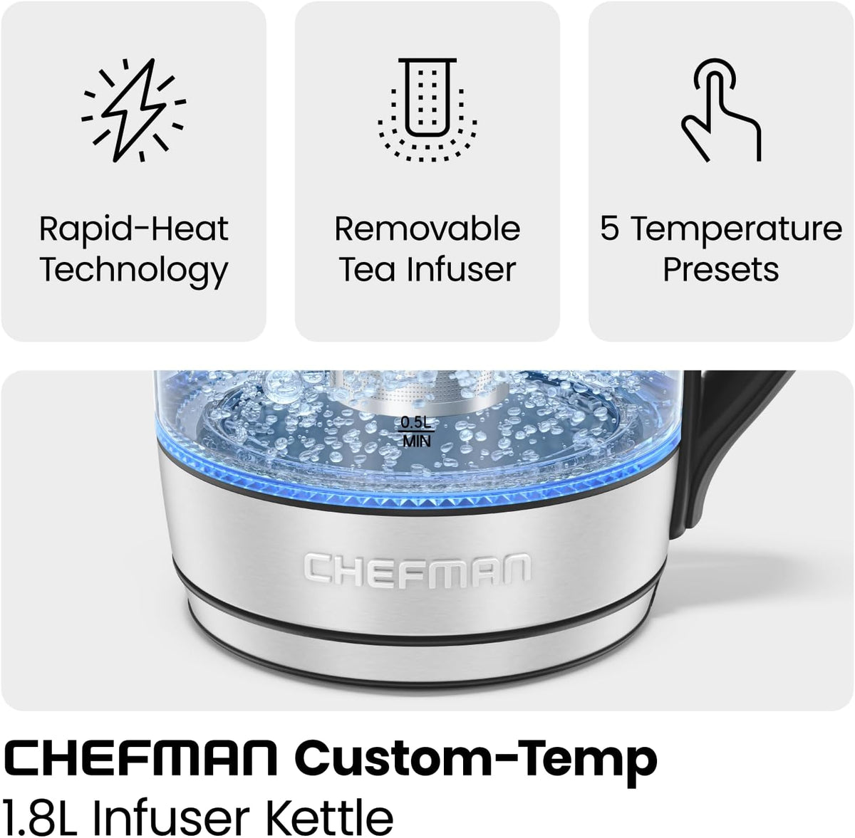 Chefman Electric Kettle w/ Temperature Control, 5 Presets, Colored LED Indicator Lights, 360° Swivel Base, BPA Free, Removable Tea Infuser Included, 1100 Watts & 120 Volts, Stainless Steel, 1.8 Liters - PuriLite