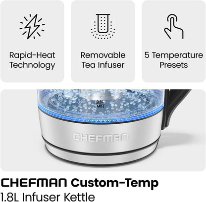 Chefman Electric Kettle w/ Temperature Control, 5 Presets, Colored LED Indicator Lights, 360° Swivel Base, BPA Free, Removable Tea Infuser Included, 1100 Watts & 120 Volts, Stainless Steel, 1.8 Liters - PuriLite