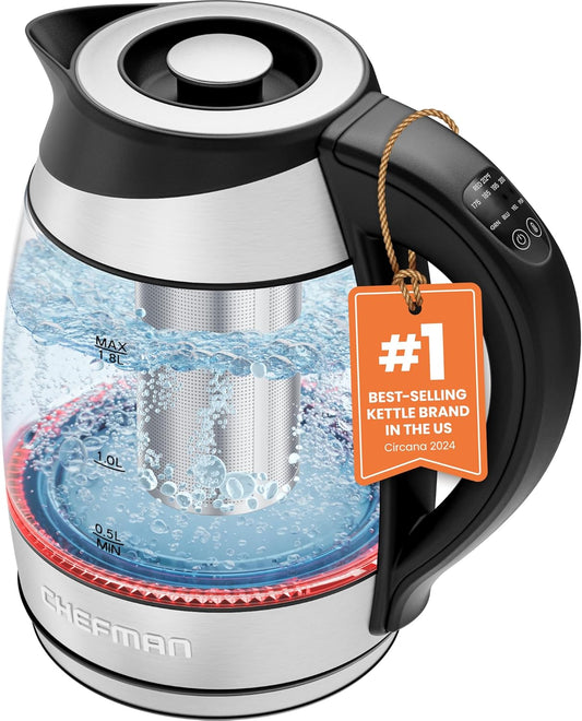 Chefman Electric Kettle w/ Temperature Control, 5 Presets, Colored LED Indicator Lights, 360° Swivel Base, BPA Free, Removable Tea Infuser Included, 1100 Watts & 120 Volts, Stainless Steel, 1.8 Liters - PuriLite