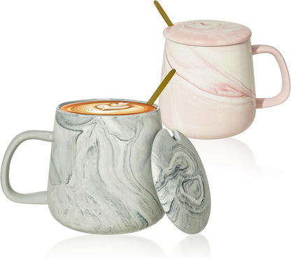 2 PACK Ceramic Cappuccino Cup, 13.5 oz Mr and Mrs Cappuccino Coffee Cups Pink & Gray Marble Coffee Mug with Lid Spoon Ice Coffee Espresso Cups Mocha Latte Tea Cups Wedding Valentines Day Couple Gifts - PuriLite